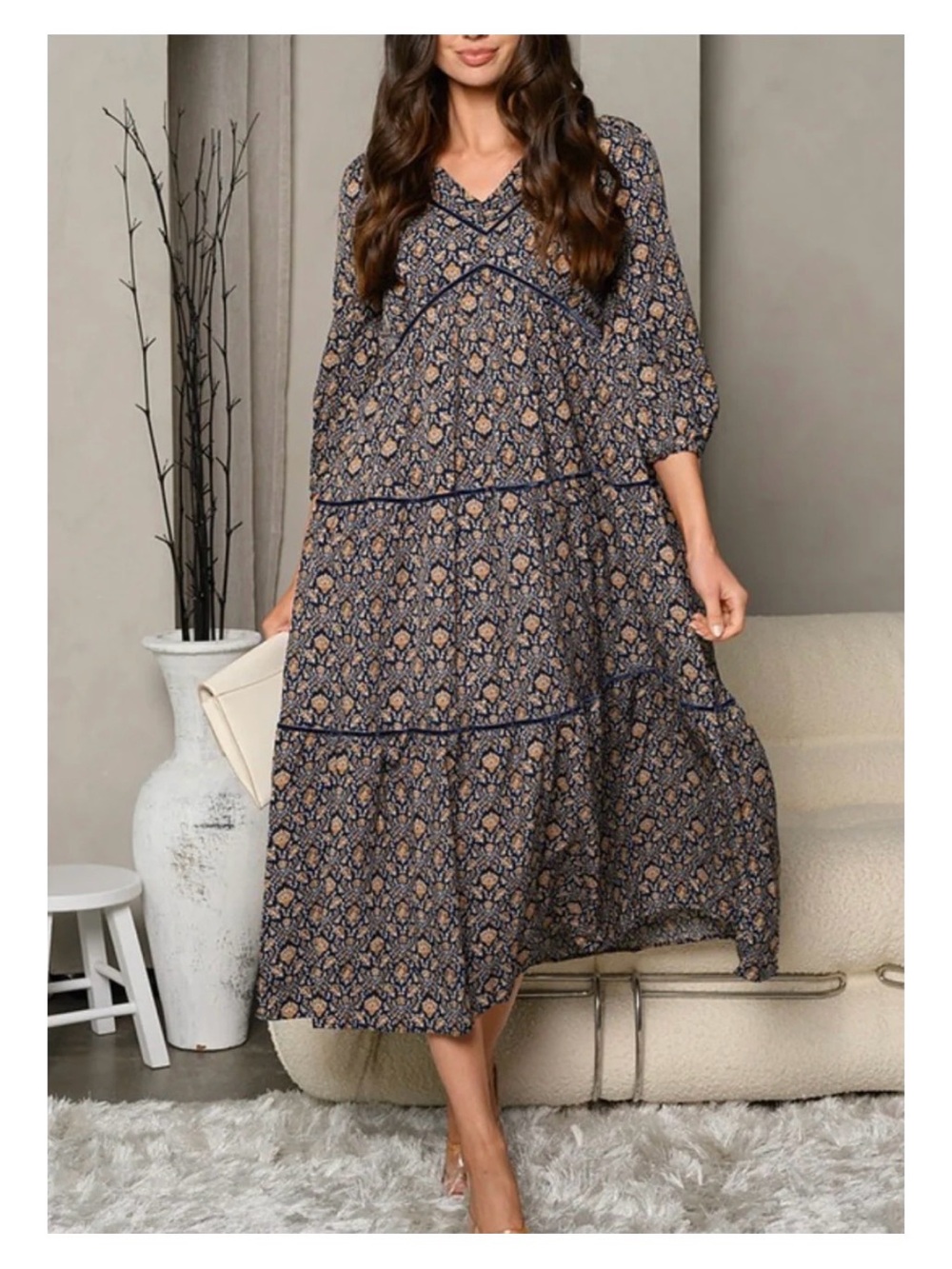 Polagram patterned maxi tiered dress in navy - Picture 9 of 9